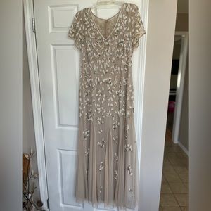 Adrianna Papell beaded godet gown. Color: biscotti